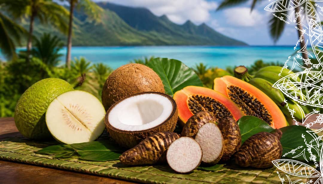 Fresh Samoan produce — taro, breadfruit, coconut, papaya and bananas on a woven mat with palms and ocean behind